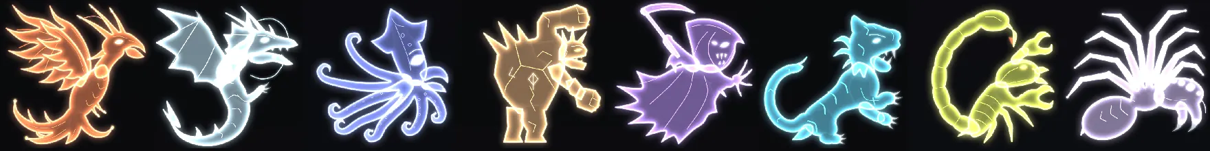 Glowing spirit beasts: a phoenix, a frost wyrm, a kraken, a rock titan, a specter, a tiger, a scorpion and a spider